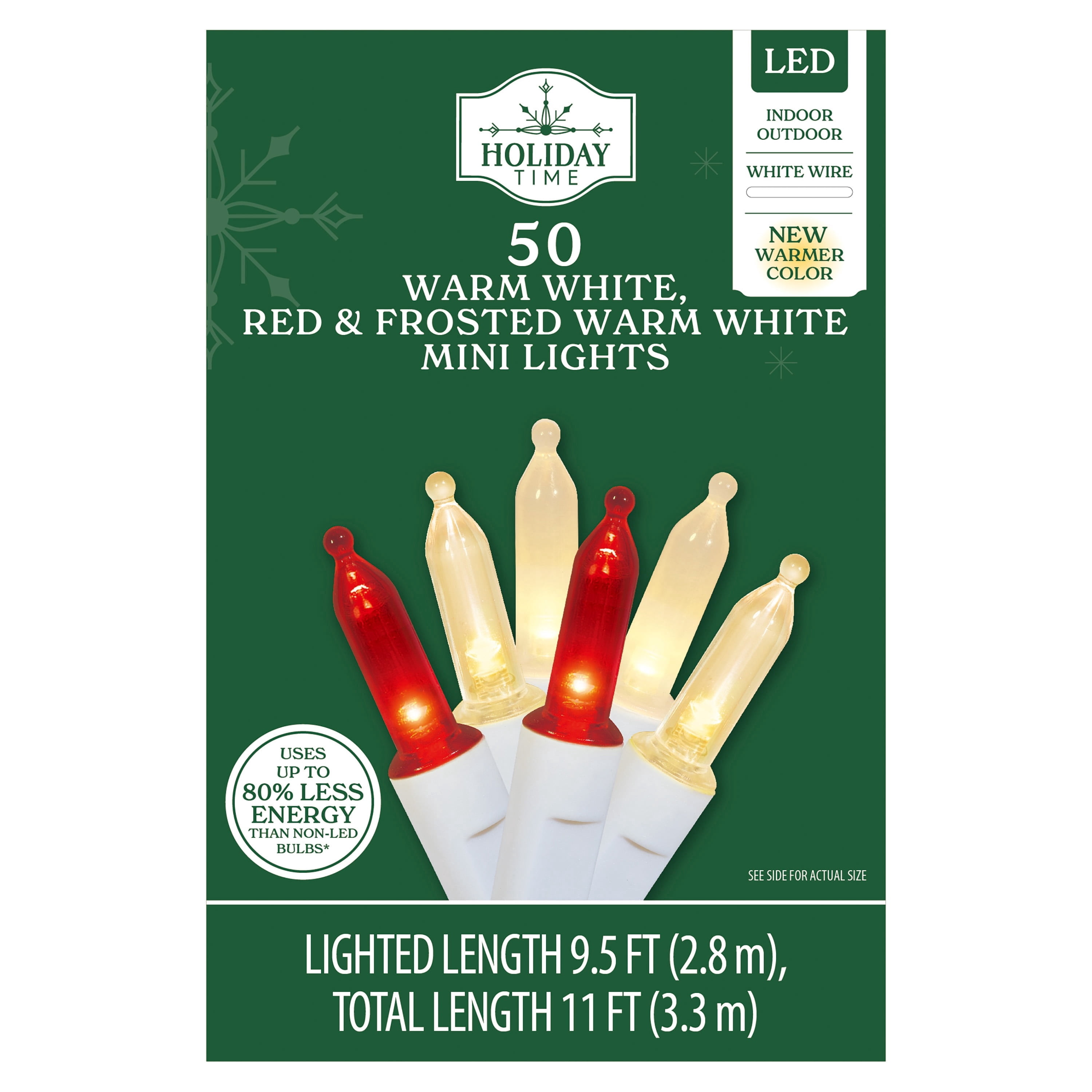 Indoor/Outdoor 50-Count LED Mini Christmas String Lights, Red and Frosted Warm White, White Wire, 9.5', by Holiday Time