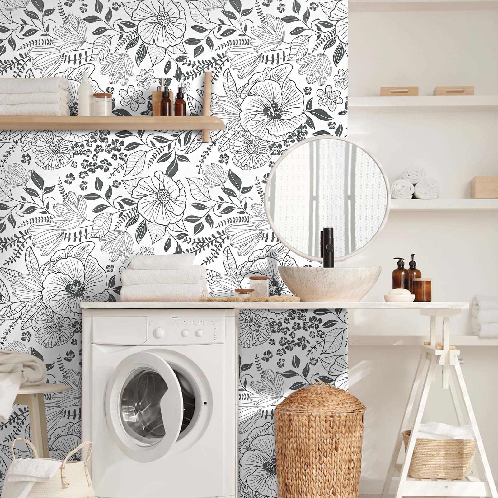 DAZLUTE Peel and Stick Removable Wallpaper White Black Floral Contact Paper Wallpaper,17.72" x 118"