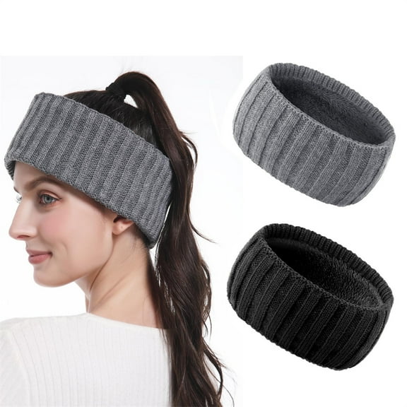 Triani 2Pcs Womens Winter Headbands Fleece Lined Ear Warmer Cable Knit One Size Fits Most Cold Weather Thick Warm Crochet Headband Gifts(Black Grey)