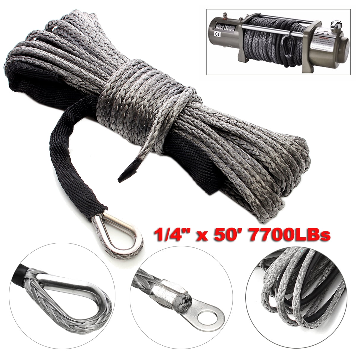 1//4/'/' x 50/' 7700LBs Synthetic Winch Line Cable Rope with Sheath ATV UTV Gray New