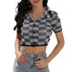 thumbnail image 1 of Blusa corta de punto con cuello vuelto, patrón a cuadros, blusa ajustada de manga corta con un solo pecho, 1 of 8