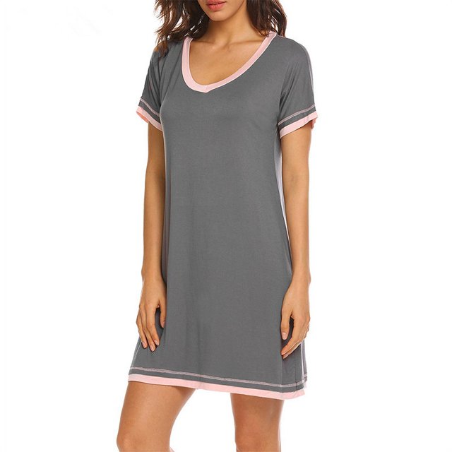 New Femmes Col Rond Couleur Contraste Coutures Lâches Manches Courtes Robe de Maison Wear Fit Mini Robe Correspondant Robe de Nuit