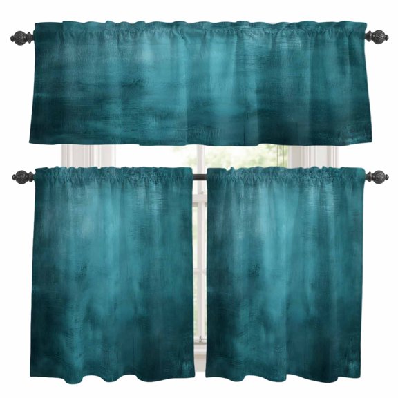 Dark Teal Kitchen Curtains Valance and Tier Set Theme Abstract Vintage Gradient Aqua Color Rod Pocket Short Curtains for Small Window 3 Pieces Set for Bedroom Bathroom Cafe (54" x 18"+27" x 24")