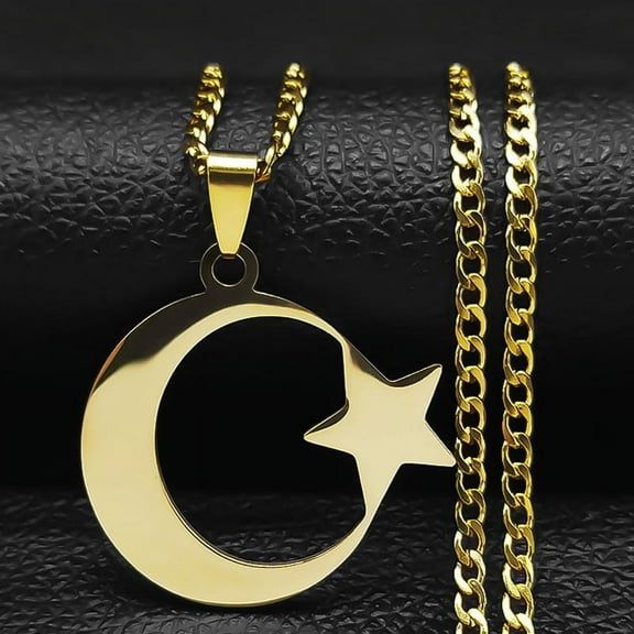 Muslim Islam Moon Star 14K Yellow Gold Chain Necklaces for Men's And Women Gold Color Necklace Jewelry collares de mujer