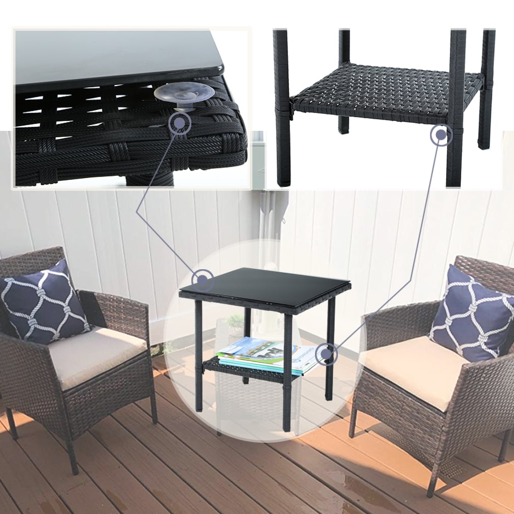 FDW 3 Pieces Outdoor Patio Furniture Wicker Table and Chairs Set Bar Set with Cushioned Tempered Glass, Black