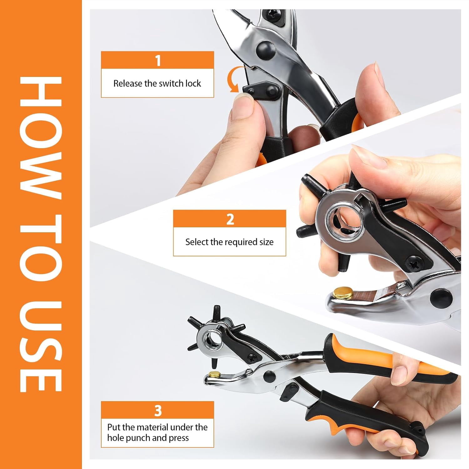 ABCISI Leather Belt Hole Punch Tool with Non-slip Handle - High-density Carbon Steel Belt Hole Punch with 6-level Rotating Circular Hole Design for Leather, Fabrics, DIY, etc.