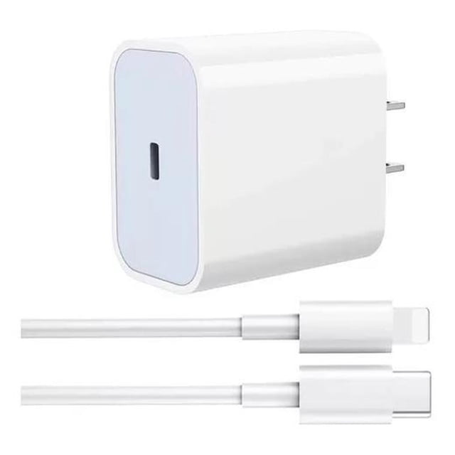 cargador carga rápida compatible iphone lightning blanco Cargador PD 3.0 blanco con enchufe de pared y puerto USB‑C, bloque rectangular de bordes redondeados y cable Type‑C a Lightning blanco de 1.5 m; salida PD 20W que permite cargar iPhone 12 hasta 50% en 30 min; también adecuado para cargar accesorios Lightning en viaje.