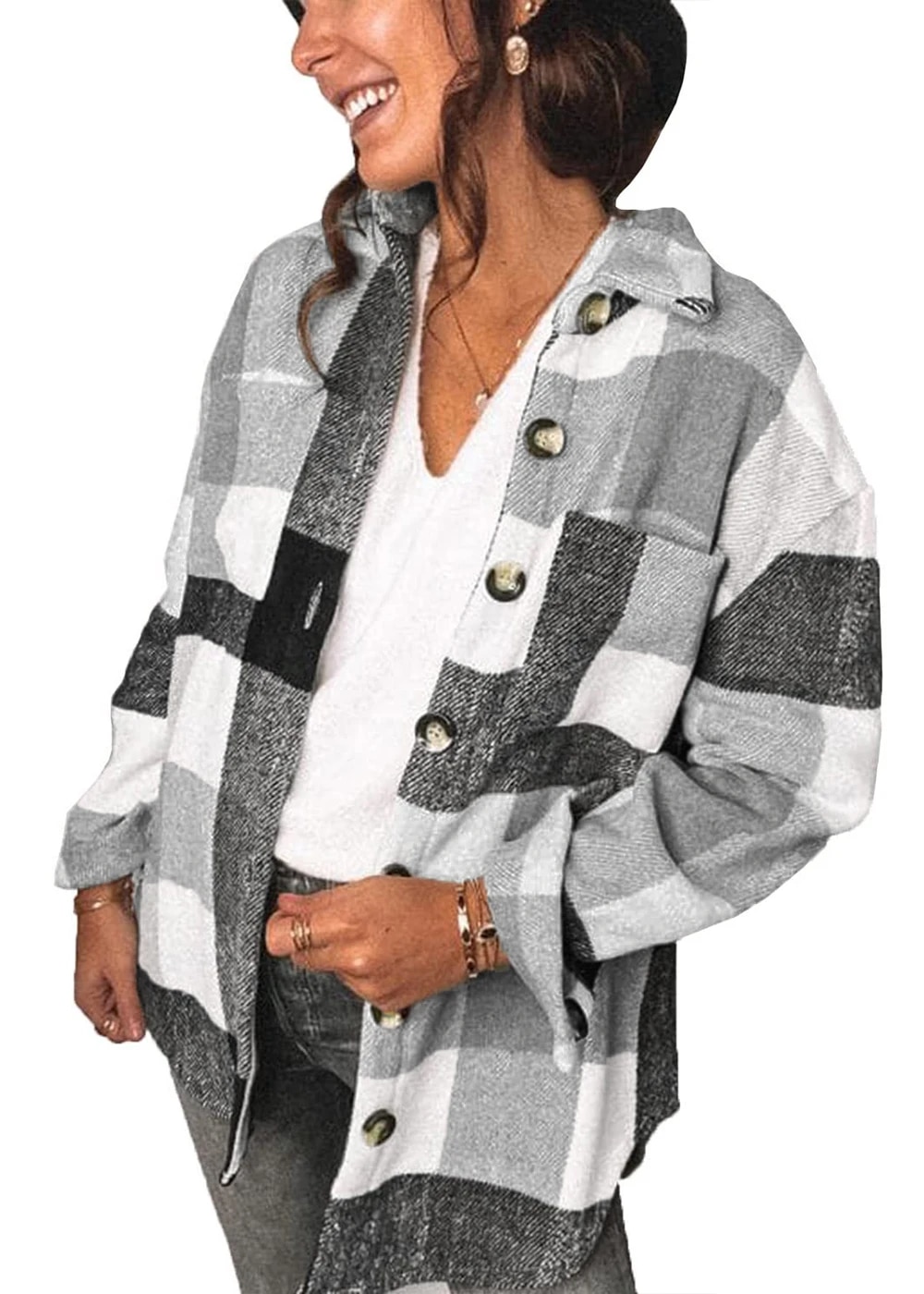 Fantaslook Womens Plaid Shirts Flannel Shacket Jacket Long Sleeve Button Down Boyfriend Shirt Coats, L - image 3 of 8