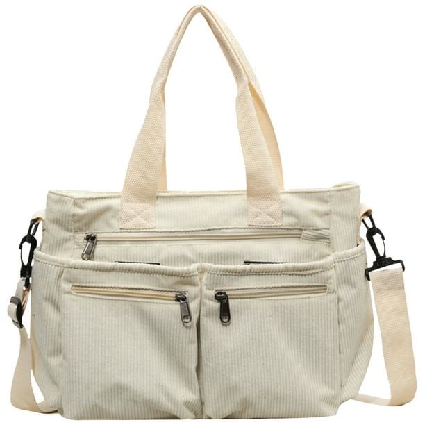 Bolso de mano de pana para mujer con múltiples bolsillos bolso de viaje con cremallera (beige)