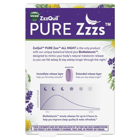 Vicks ZzzQuil Pure Zzzs All Night Extended Release Melatonin Tablets, Dietary Supplement, 28 Ct