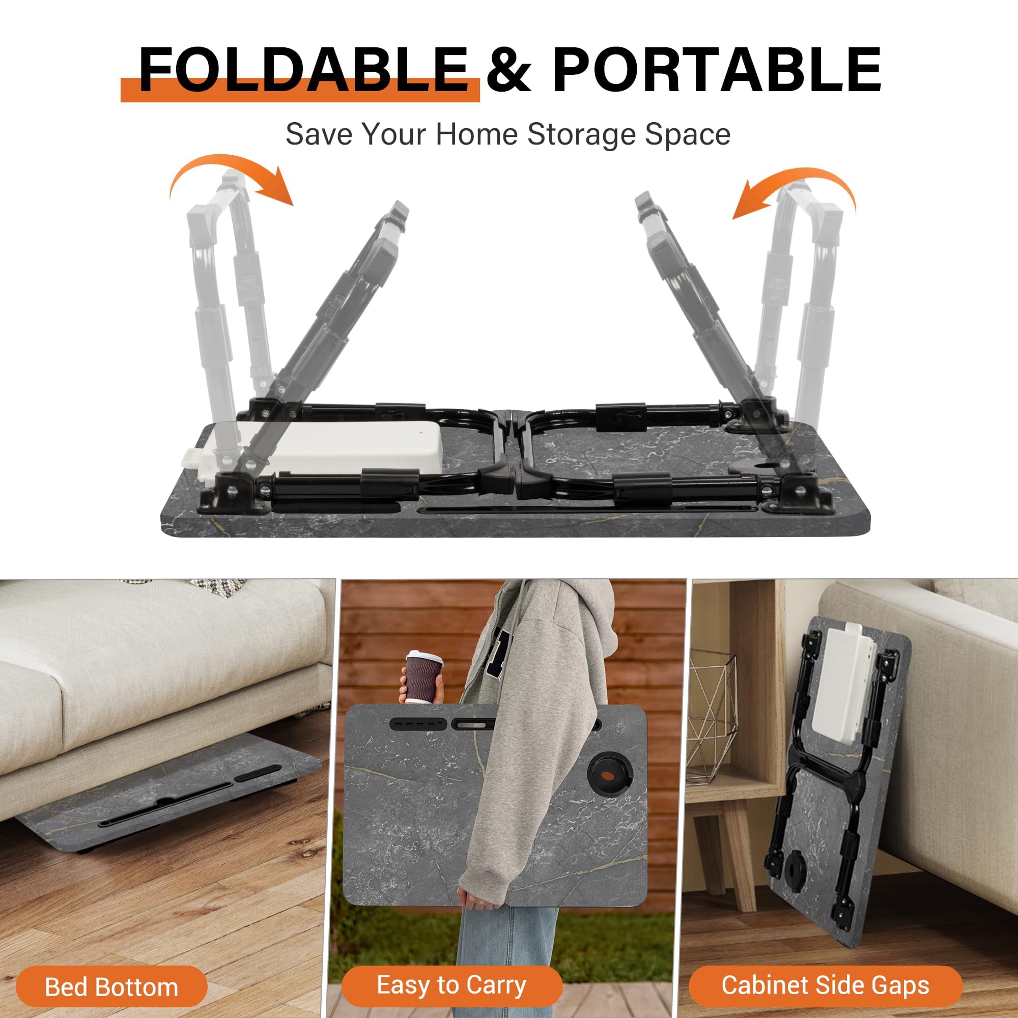 Laptop Desk For Bed Height Adjustable  Lap Table With Usb/storage Drawer/cup Holder/tablet Stand/book Shelf Foldable Breakfast Tray Portable Reading Writing Sofa & Floor Deep Stone Texture