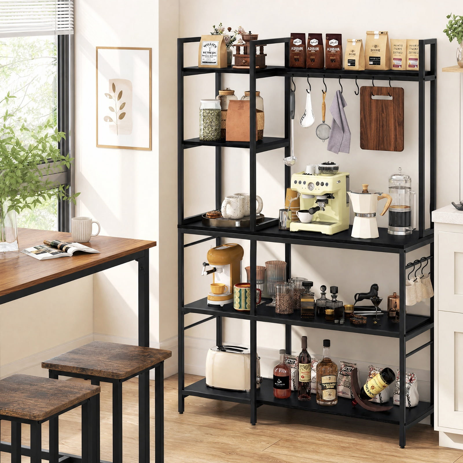 RUIE 5-Tier Baker's Rack with Power Outlets and 10 S-Hooks, Kitchen Storage Stand with Charging Station and Side Hanging Bars, Coffee Bar Shelf, Black