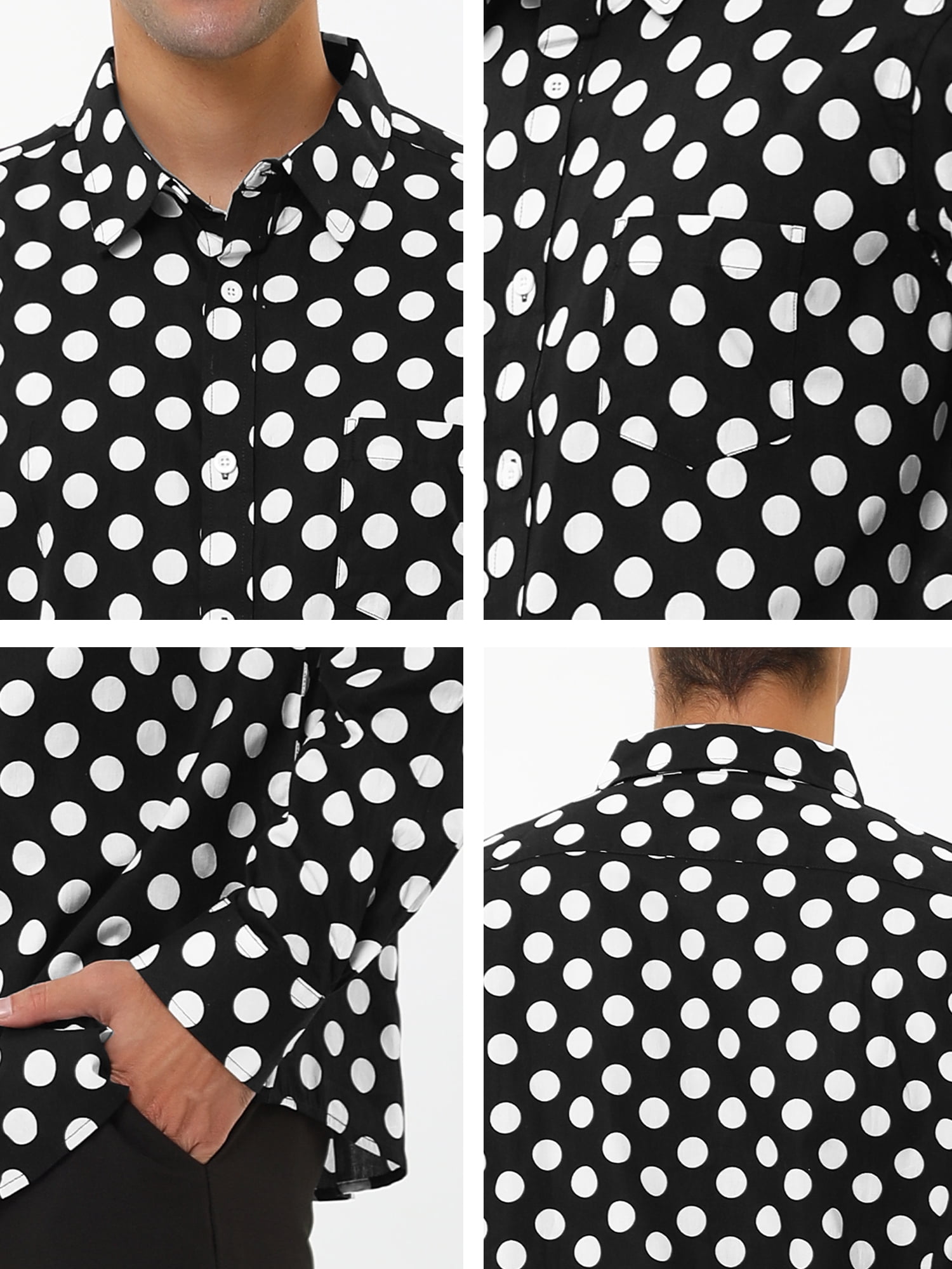Unique Bargains Men's Long Sleeve Button Slim Polka Dots Shirt 34 Black White