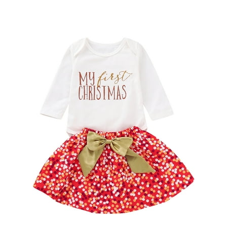 

Christmas Outfit Infant Clothes Set Newborn Baby Girl Long Sleeve Letter Print Romper+Polka Dot Print Tutu Skirt+Bowknot Headband