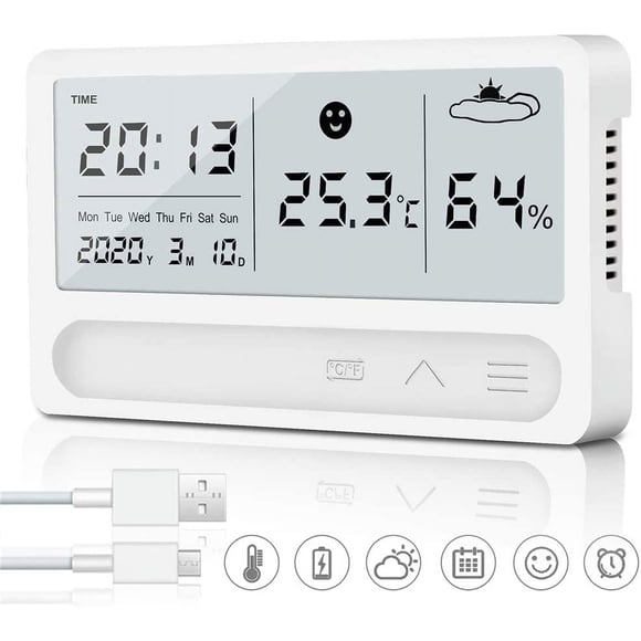 Hygrometer Thermometer Indoor, Rechargeable Digital Thermo Hygrometer with Alarm Clock and 2s Fast Detection, High Accuracy Hydrometer for Baby Room Office