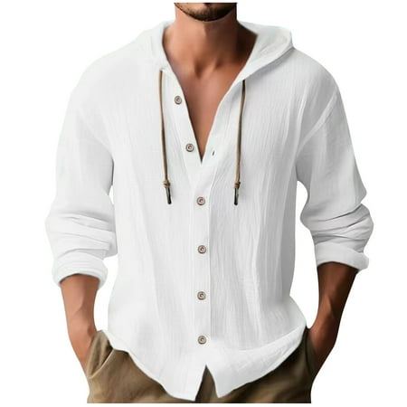 guisaled Cotton Linen Shirts for Men Long Sleeve Hooded Button Down Casual Blouses Solid Color Casual Vacation Hawaiian Beach Shirts