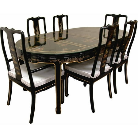 Hand Painted on Black Lacquer Dining Table with 6 Chairs