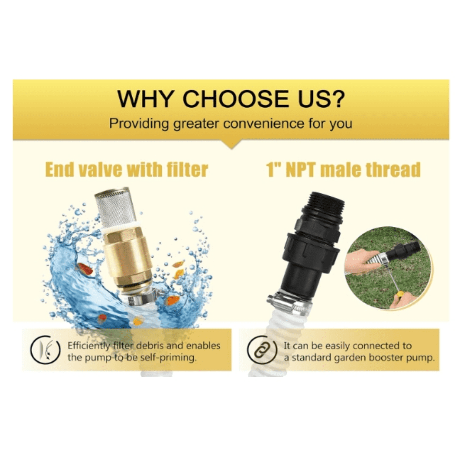 23FT x 1" Suction Hose Kit with Brass Fitting Check Valve and NPT 1" Thread, Water Intake Hose Set, Aspiration Hose for Well Shallow Sprinkler Garden Booster Pump, White