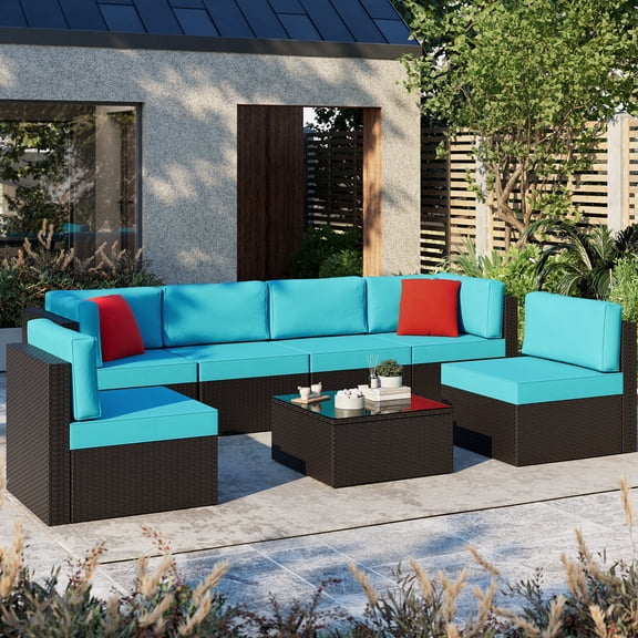 Patio Furniture Set, Walsunny 7 Piece All Weather Outdoor Sectional Sofa, Wicker Patio Conversation Set with Cushions and Tempered Glass Table for Backyard Porch, Blue