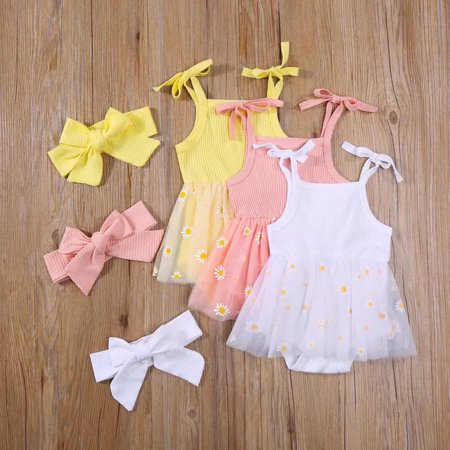 

MyBeauty Romper Solid Color Bow Knot Headband Toddler Baby Girls Floral Print Mesh Stitching Romper Headband Set for Outdoor Yellow 18 Months