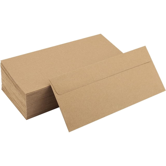 100PCS Brown Envelopes - 9.5x4.125 Inch Self-Sealing Security Envelopes for Business, Mailing Letters, Checks & Invitations - Kraft Paper Correspondence Supplies