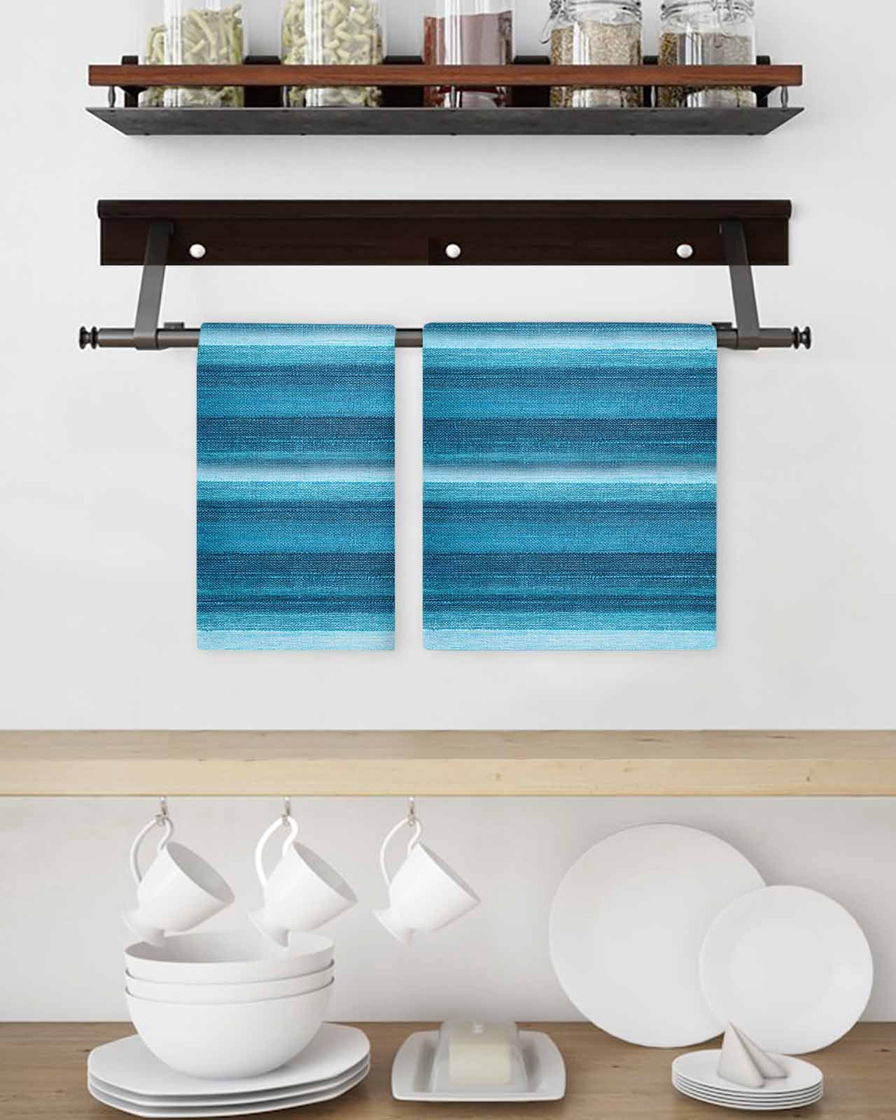 Turquoise Teal Ombre Kitchen Dish Towels for Drying Dishes Set of 3, Farmhouse Modern Abstract Striped Waffle Weave Microfiber Terry Hand Tea Bathroom Towels Quick Dry & Absorbent Towel 15.7x23.6