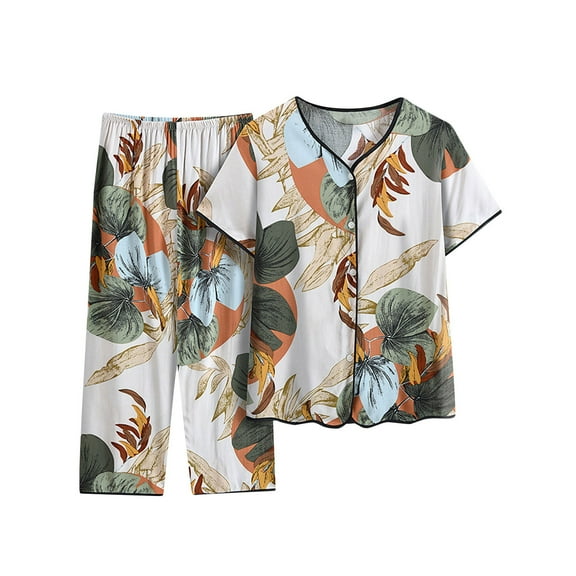 Lovskoo 2024 Lounge Sets for Women Plus Size Summer Casual Short Sleeved V Neck Button Front Top Shirt Capri Pajama Pants Set Comfortable Breathable 2 Piece Sets Black 2XL