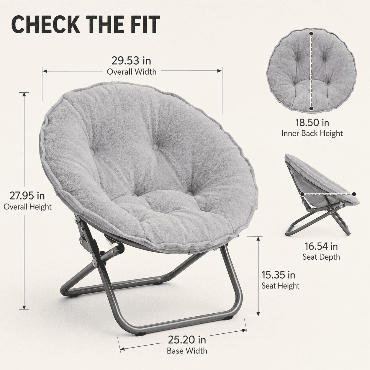 CLOUDREST PRO Soft Plush Folding Saucer Chair for Adults, Padded Round Lounge Seat, Metal Frame, 300 lb Capacity, Gray
