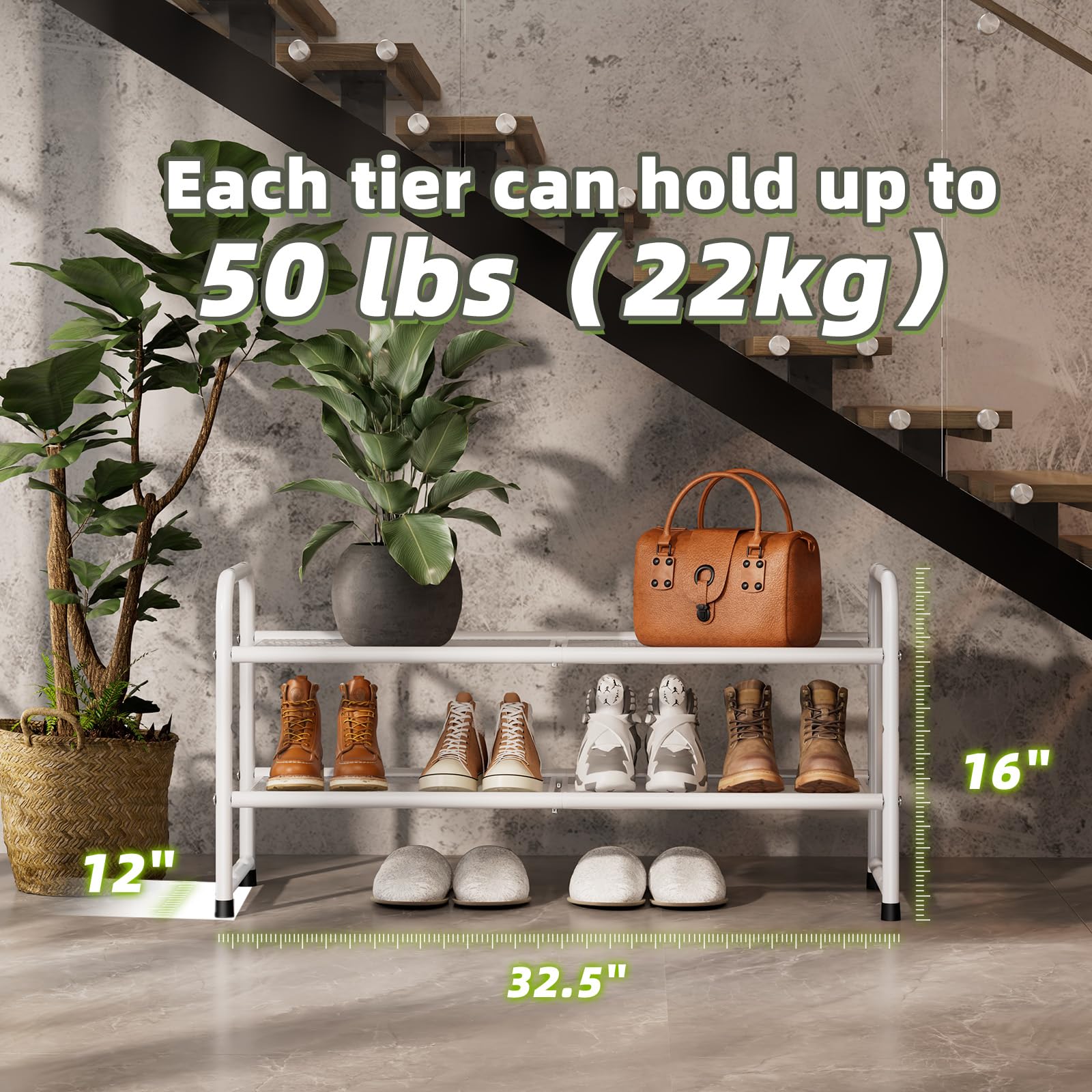 SUFAUY 2 Tier Shoe Rack Holds up to 10 Pairs, 33" Wide Metal Mesh Shoe Organizer for Closet, White