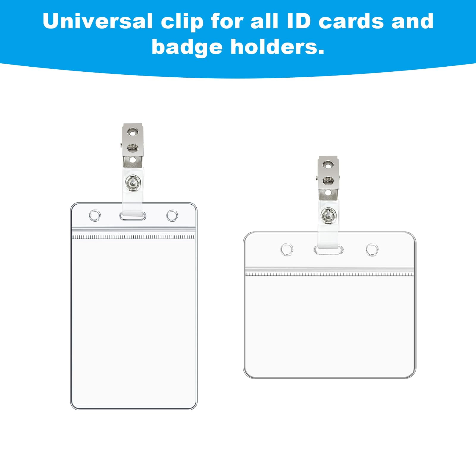Metal Badge Clips with Clear PVC Straps, ID Card Holder Adapter for Security Access, Office Use, Silver