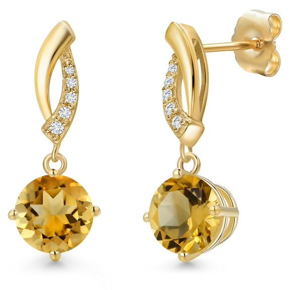 Gem Stone King 14K Yellow Gold Yellow Citrine and Lab Grown Diamond Earrings for Women | 2.65 Cttw | Gemstone November Birthstone | Round 7MM