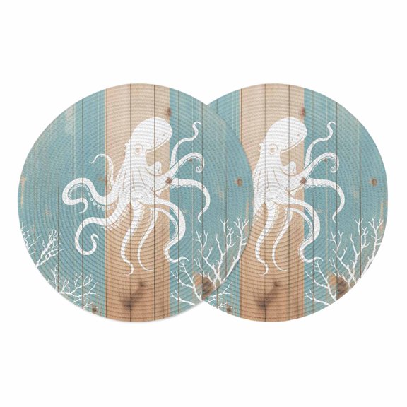 Coastal Octopus Round 13 Inch Placemats Set of 2, Summer Coral Ocean Vintage Wood HeatResistant Non Slip Place Mats for Dining Table, Wipeable Braided Kitchen Table Mats for Housewarming