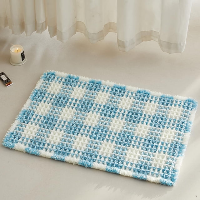 Alfombra de baño TYUU Waffle azul y blanca, 60 x 40 cm, antideslizante