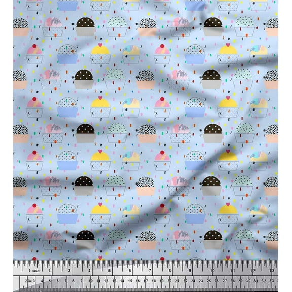 Soimoi Blue Poly Georgette Fabric Cupcakes Food Printed Fabric 1 Yard 42 Inch Wide