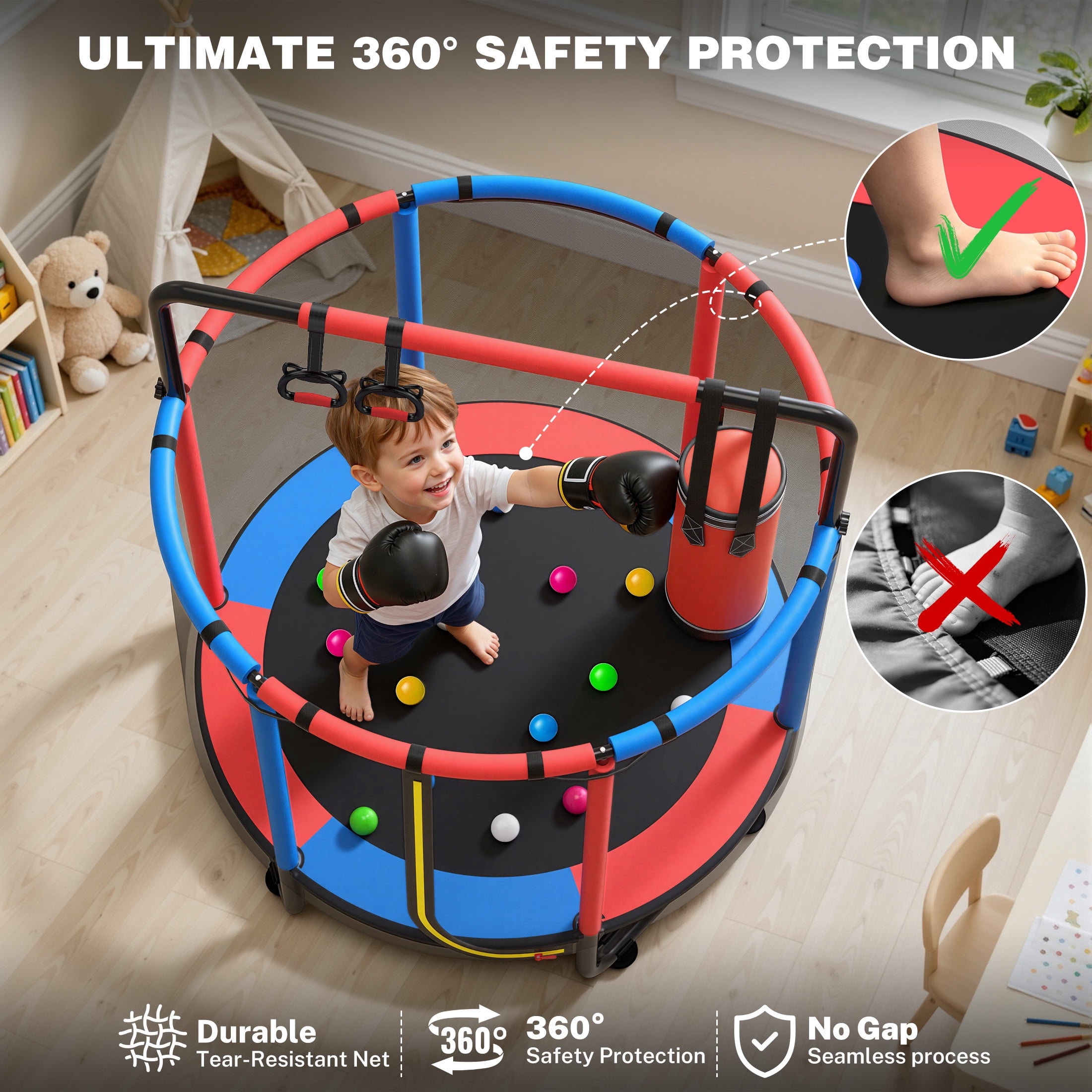 55" Toddler Trampoline, Activity Center with Gym Bar, Punching Bag, Rings, Ball Pit, Kids Trampoline, Indoor Toddler Play Gym, Mini Trampoline for Ages 3–6, 110lbs Weight Capacity, Blue