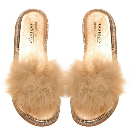 

Kukoosong Womens Sanndalss Summer Fashion Colour Feather Slippers Round Toe Flat Casual Slippers Flat Sandals for Women Khaki 39