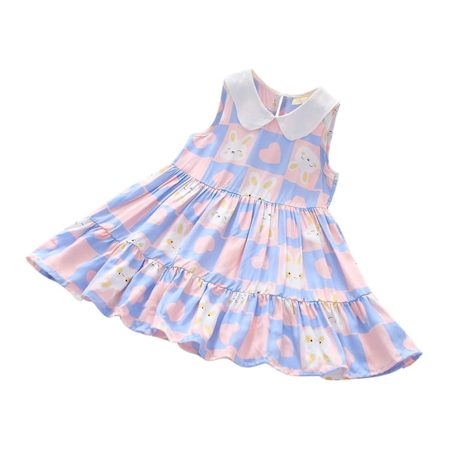Penkiiy Robe Sans Manches Mignonne à Volants Imprimé Fleuri pour Filles Bébés Enfants 5-6 Ans Bleu Clair en Liquidation