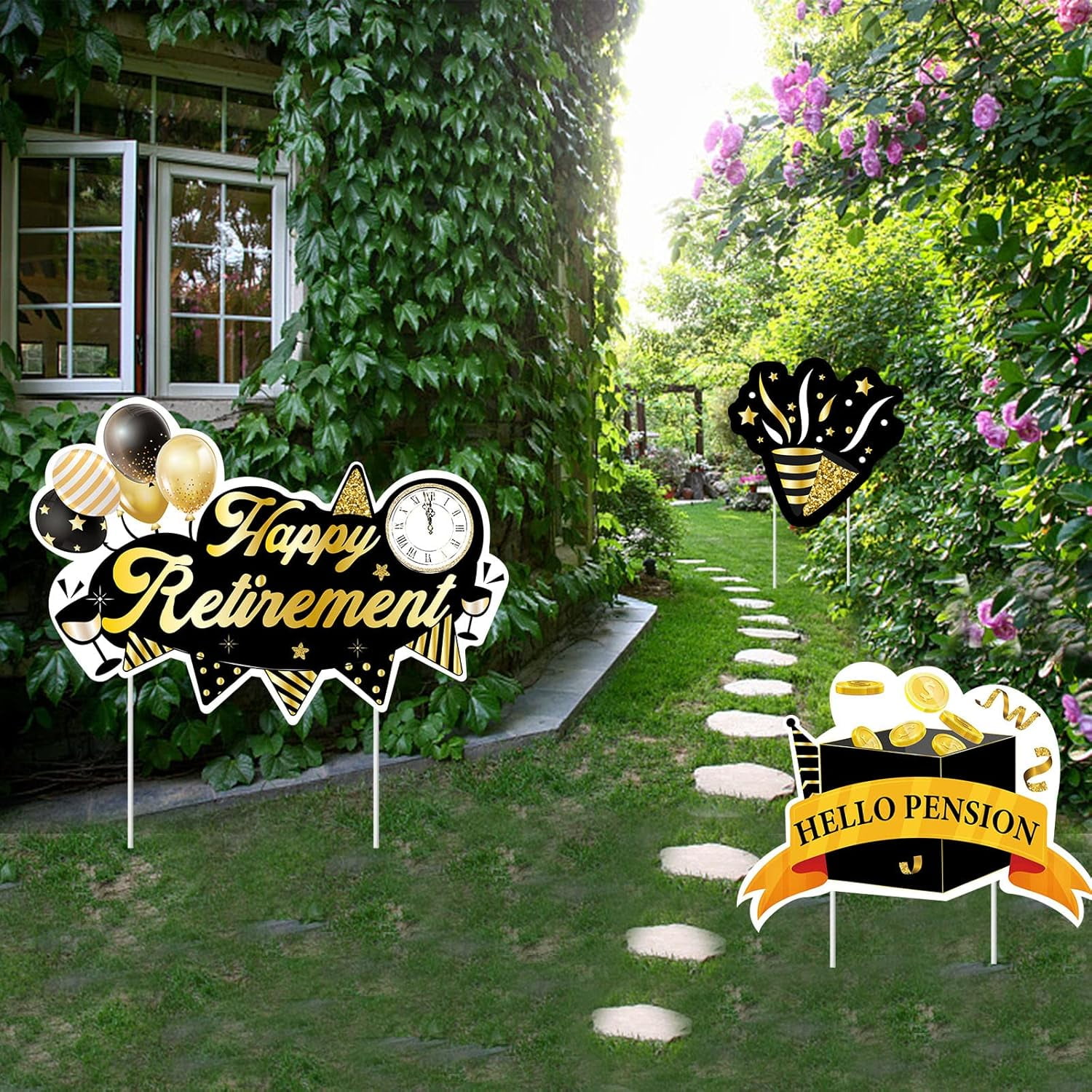6Pack Happy Retirement Yard Signs Signs Black Gold Retirement Lawn Sign for Retirees Outdoor Retirement Lawn Decorations Sign Retirement Party Decoration Home Garden Lawn Yard Décor
