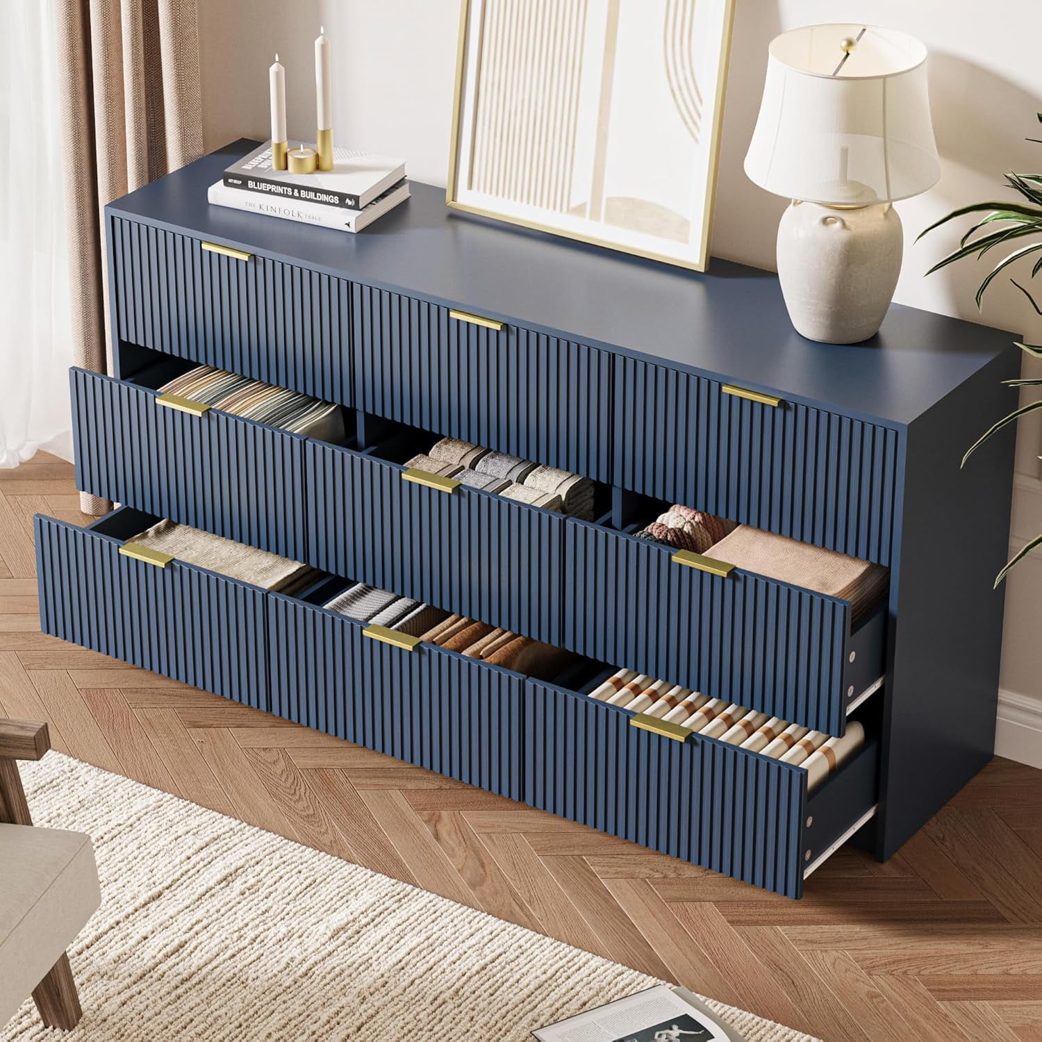 FURNIWAY Blue 9 Drawer Dresser, Fluted Wood Design, Gold Handles, Anti-Tip  Safety, 63 Inches Wide - Walmart.com
