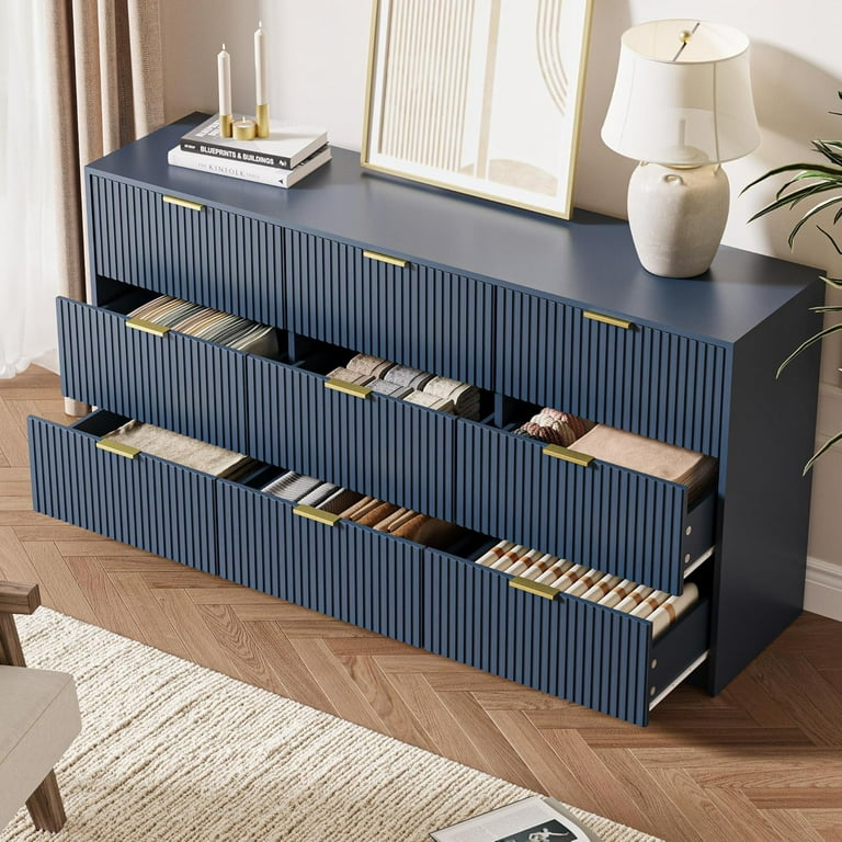 FURNIWAY Blue 9 Drawer Dresser Fluted Modern Wide Chest Gold