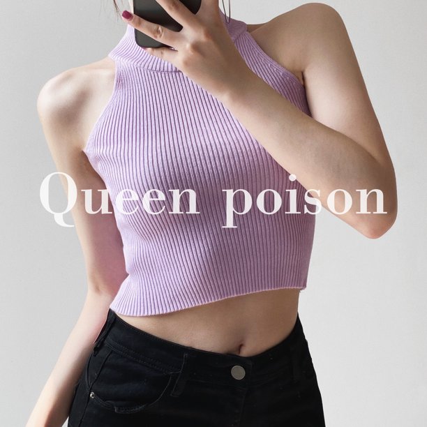 VISgogo Mujeres Acanalado Halter Tank Tops, Adultos Sin Mangas Color Sólido Cuello Redondo Knit Crop Tops VISgogo moda