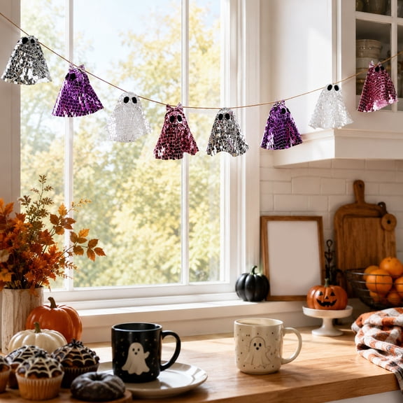 70.87 Inch Halloween Ghost Garland Sequin Pendant Banner Spooky Hanging Decor for Fireplace Mantel Window Door Rail Porch Halloween Party Home Accent