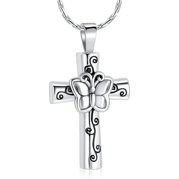Butterfly Cross Urn Necklace for Ashes Stainless Steel Cremation Jewelry for Women Memorial Ash Holder Pendant Funeral Keepsake Gift