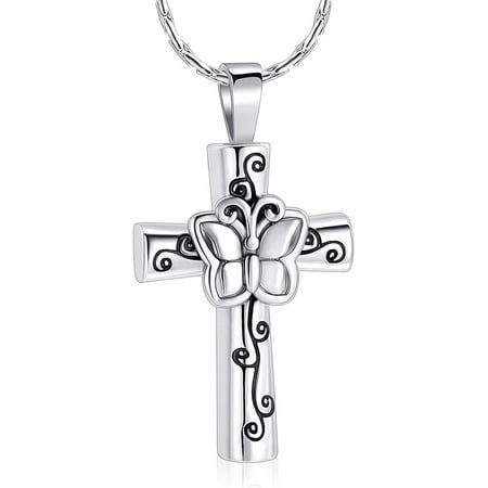 Butterfly Cross Urn Necklace for Ashes Stainless Steel Cremation Jewelry for Women Memorial Ash Holder Pendant Funeral Keepsake Gift