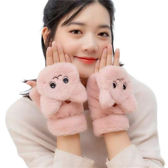 lanema Winter Fingerless Gloves for Women, Convertible Warm Half Finger Mitten Gloves Flip Tops, Cat Plush Gloves