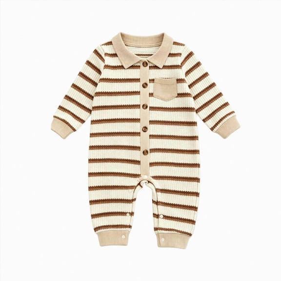 Quealent Baby Boy Fall Clothes Stripe Romper Long Sleeve Collared Button Down Jumpsuit Newborn Winter Outfit (Beige, 3-6 Months)