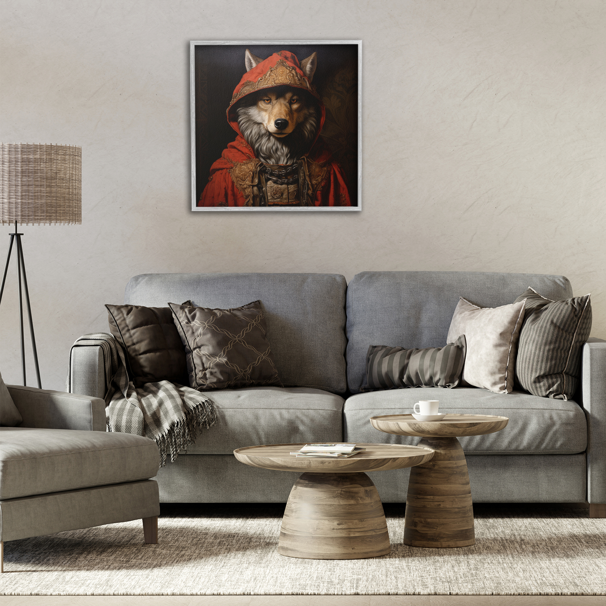 Stupell Industries Wolf with Red Cloak Animals & Insects Painting Gray Framed Art Print Wall Art, 24 x 24