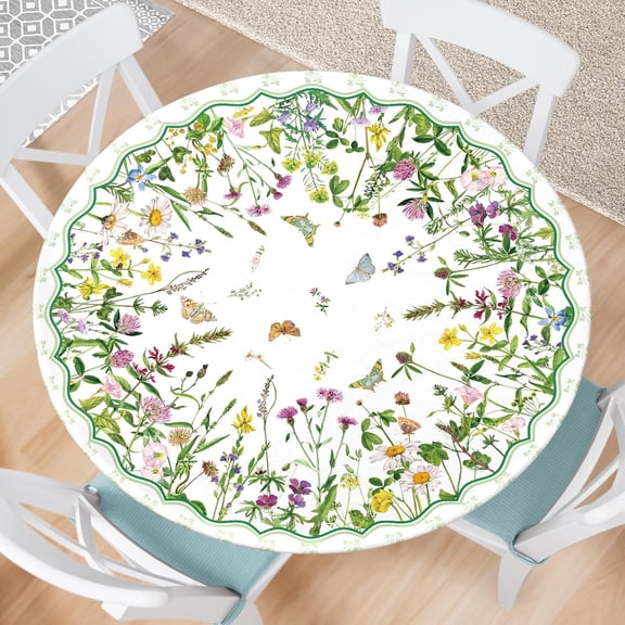Spring Summer Floral Round Fitted Tablecloth with Elastic Edge Waterproof Outdoor Tablecloth Reusable Table Cover for Picnic Dinner Party Decor Fits 44-48" Diameter Round Tables
