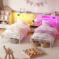 thumbnail image 6 of Yoneston Twin Size Power Outlet LED Light Metal Platform Bed Frame with 2-Tier Storage Charging Station Headboard for Girls Teens Kids Bedroom, White, 6 of 12