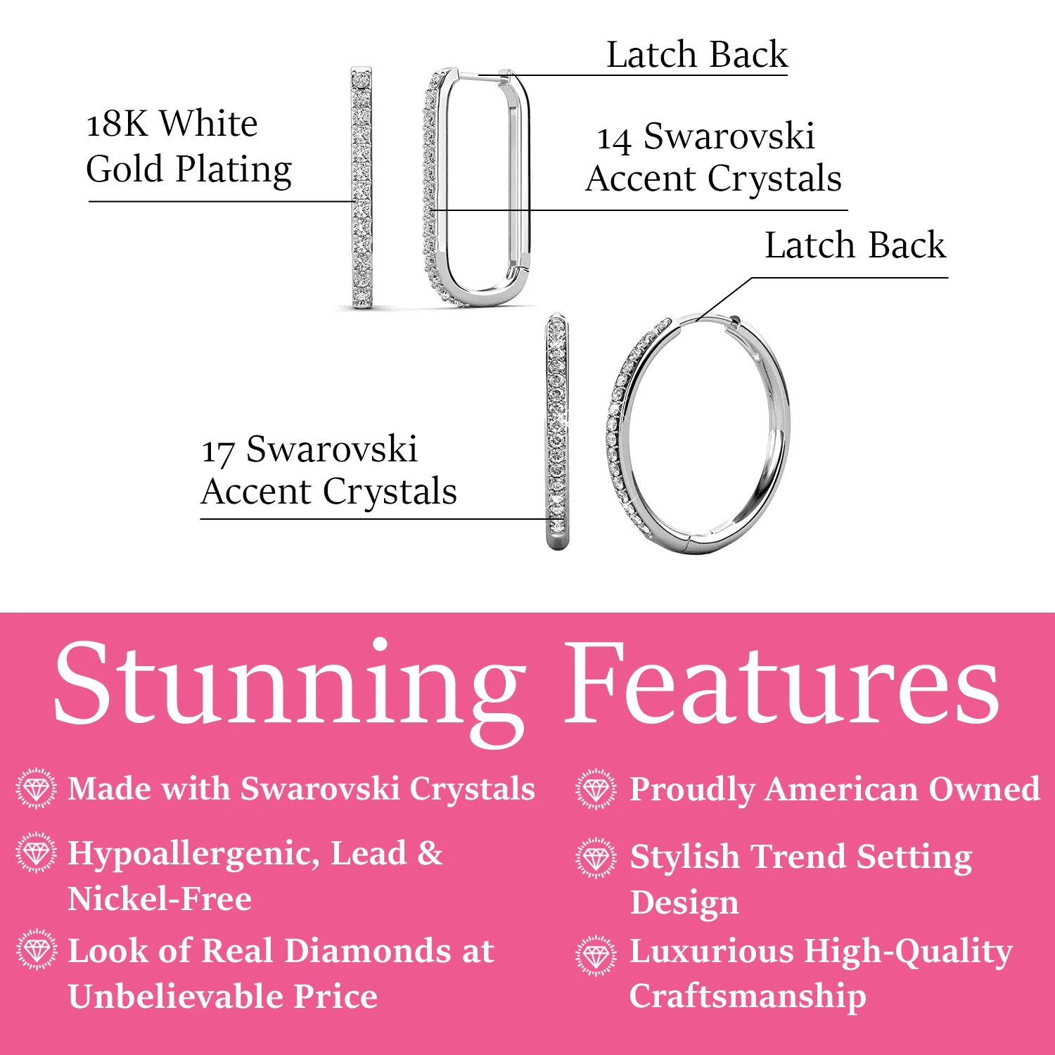 Cate & Chloe Pack of 2 - Bianca and Nadia White Gold Plated Hoop Earrings with Swarovski Crystals for Women